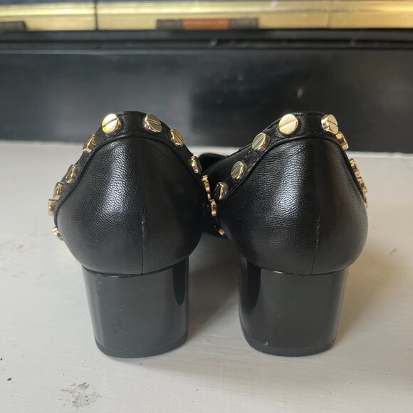 Women Black Leather Hand Made Pointed Toe Loafer with Metal screw decor Size 34 - Picture 4 of 5